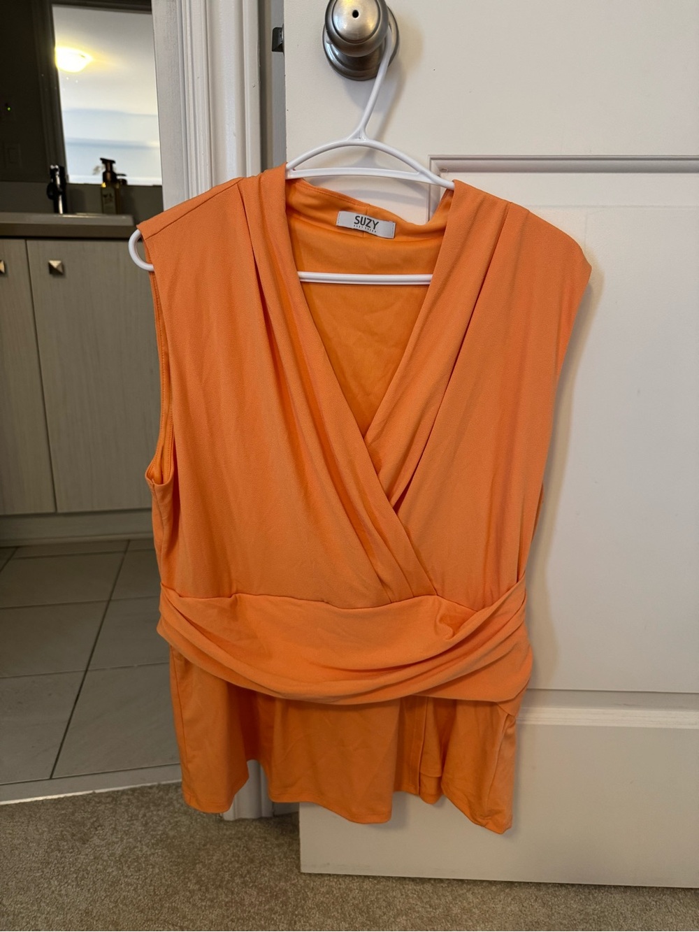 Suzy Shier Orange Sleeveless Wrap Front Top